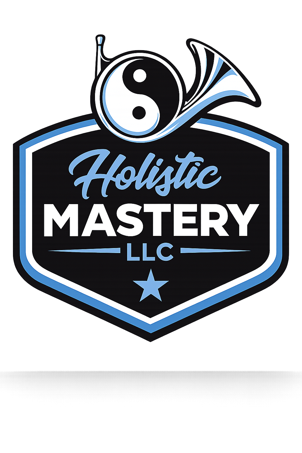 Holistic Mastery LLC emblem: a French horn paired with a yin-yang symbol